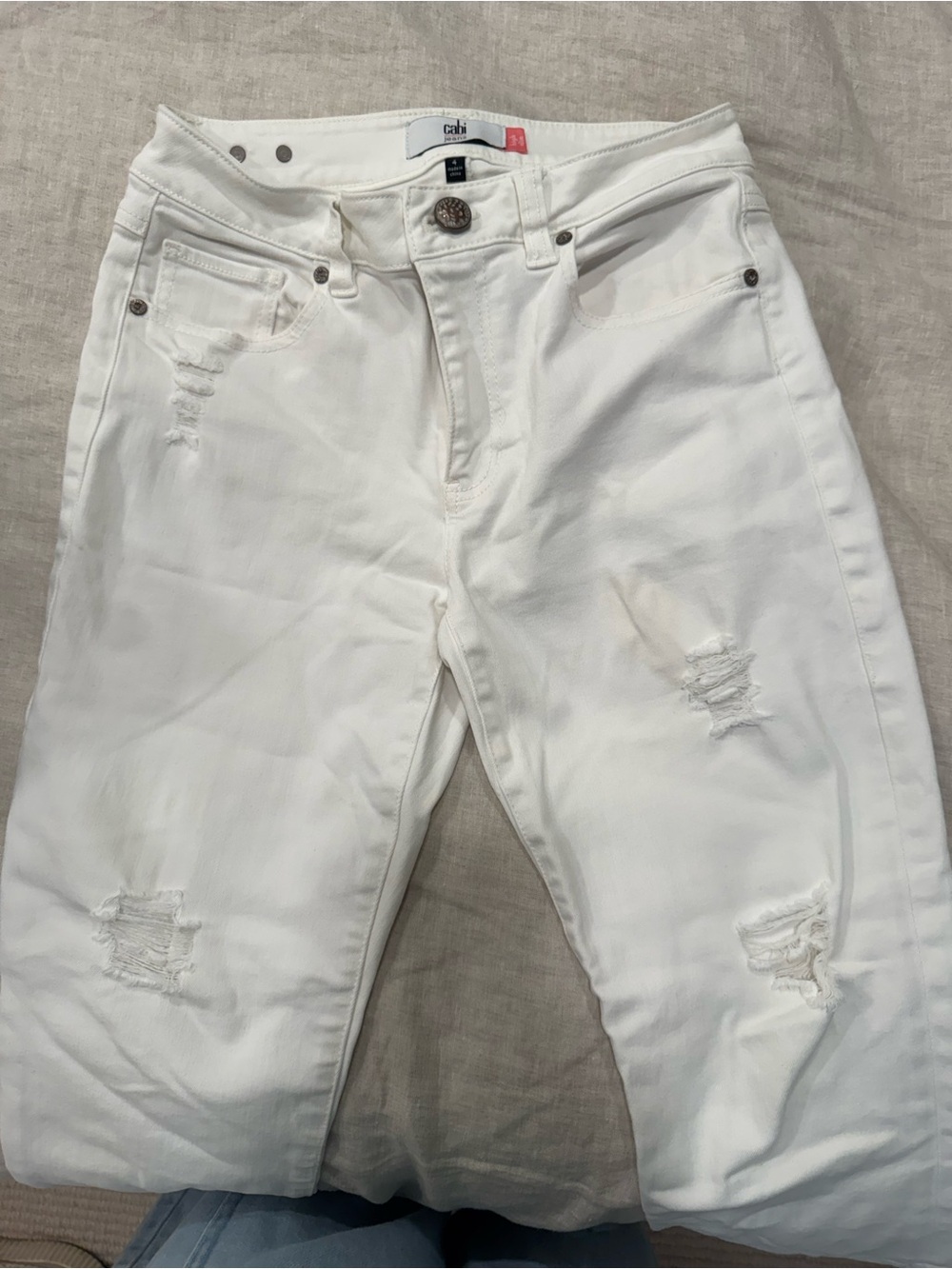 CAbi White High Straight Distressed Jeans